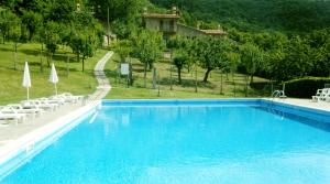 a large blue swimming pool with chairs and umbrellas at Agriturismo Ombianco in Seggiano