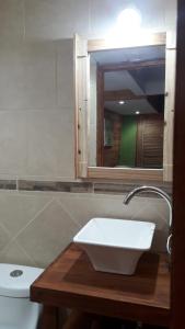 a bathroom with a sink and a mirror and a toilet at Altos del Molle SF in San Francisco del Monte de Oro