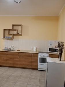 a kitchen with wooden cabinets and a white stove top oven at Смарт-апартаменти " Lutskyj zamok" in Lutsk