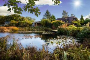 ein Teich mit Seerosen vor einem Haus in der Unterkunft Landews Meadow Cottages in Badlesmere