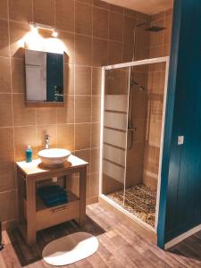 uma casa de banho com um lavatório e um chuveiro com um lavatório. em chambre double avec salle de bain privative em Cognac
