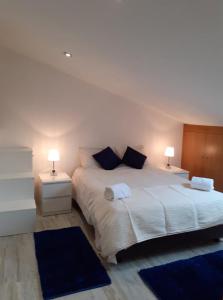 a bedroom with two beds with blue rugs and two lamps at Casa das Relvas in Penalva de Alva