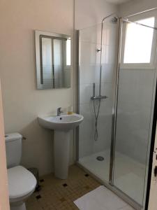 een badkamer met een douche, een wastafel en een toilet bij Villa Coquelicot Industriel in Le Tréport