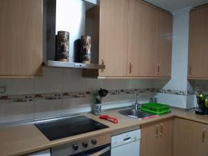 una cocina con armarios de madera y fregadero en Apartamento Anjelus, en Mutriku
