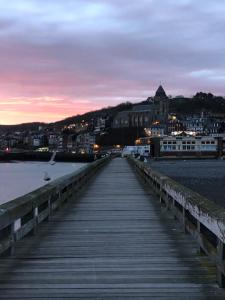 un pont en bois sur l'eau la nuit dans l'établissement Villa Coquelicot Industriel, au Tréport