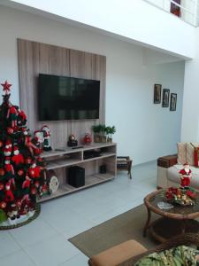 Sala de estar con árbol de Navidad y TV en CASA DE VIDRO PERFEITA A 25 METROS DA PRAIA, en Penha