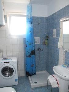 ein Badezimmer mit einer Dusche und einer Waschmaschine in der Unterkunft House by the sea in Chrisi Ammoudia
