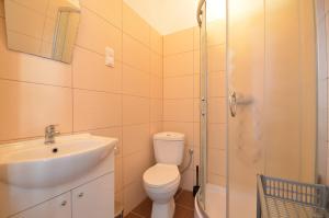 a bathroom with a toilet and a sink and a shower at Pokoje Sztormowa 15 in Pogorzelica