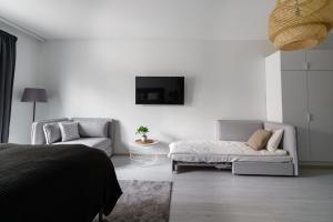オウルにあるULEABO Modern 37m2 Studioのソファ付きのベッドルーム1室、壁にテレビが備わります。