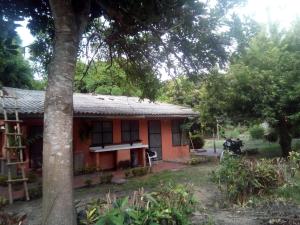 a small red house with a tree in front of it at Hospedaje Eden in Los Naranjos