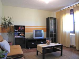 ein Wohnzimmer mit einem Sofa und einem TV in der Unterkunft Casa Rural de la Abuela in Montejo de Tiermes
