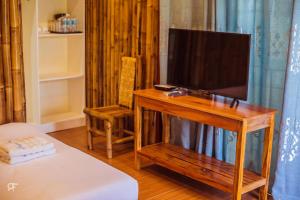 a television on a wooden stand in a room at Ceazar's Place in Dauin