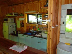 une cuisine avec des placards bleus et un comptoir dans l'établissement 屋久島コテージ対流山荘, à Yakushima