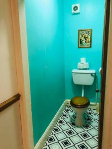 a bathroom with a toilet and a blue wall at Worcester Homestay in Worcester