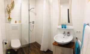 un bagno con lavandino, wc e doccia di Ferienwohnung Steiner a Tulfes