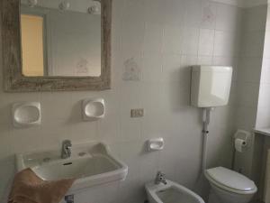 a bathroom with a sink and a toilet and a mirror at Albergo Ristorante Leso in Bosco Chiesanuova