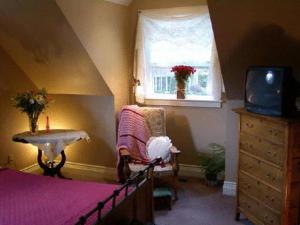 una camera con letto, TV e sedia di Antique Slumber Old Town Bed & Breakfast a Niagara on the Lake