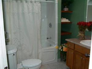 a bathroom with a shower and a toilet and a sink at Antique Slumber Old Town Bed & Breakfast in Niagara on the Lake