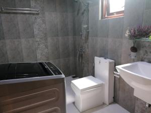 a small bathroom with a stove and a sink at Ocean Breeze Apartment Colombo in Colombo +13 photos