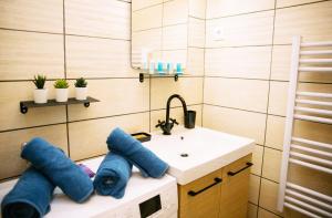 uma casa de banho com lavatório e toalhas azuis em 2 pièces avec patio dans le centre de Toulon em Toulon