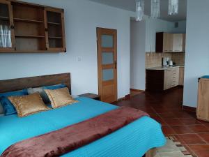 Relaxo Home في Skała: غرفة نوم بسرير ازرق ومطبخ