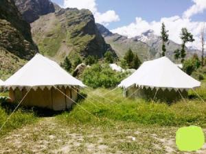 dos tiendas de campaña en un campo con montañas en el fondo en Jispa Journey Camp Lahoul & Spiti, en Manali