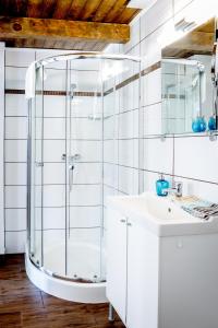 a white bathroom with a shower and a sink at Rózsa Porta in Zengővárkony