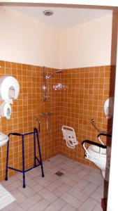 a bathroom with a toilet and a shower and a sink at Hotel Le Gambetta in Carmaux