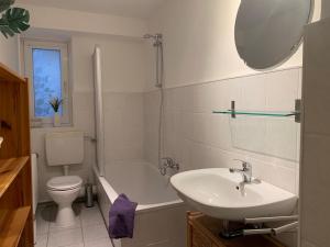 Un baño con lavabo, inodoro y espejo. en Haus Penny Sylt, en Wenningstedt 18 fotos más