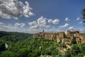 a view of a castle on a hill with trees at Podere di Maggio - Glamping tent 2 in Santa Fiora