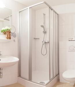 a shower with a glass door in a bathroom at Hotel Glasererhaus in Zell am See