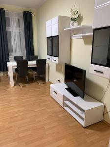 sala de estar con TV y mesa con sillas en Apartment Aman, en Viena