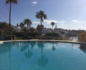a large swimming pool with palm trees and buildings at Estudio Edificio Almirante in Mijas Costa