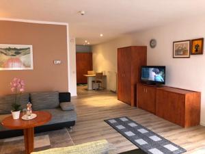 a living room with a couch and a tv at Apartmenthaus Zeuthen in Zeuthen