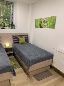 een slaapkamer met een bed en een raam bij Ferienwohnung am Regierungsplatz in Landshut