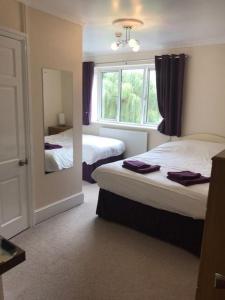 a bedroom with two beds and a mirror and a window at Weston Grounds Farm in Bicester
