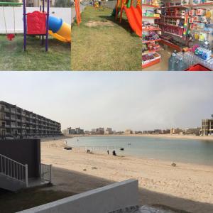 eine Collage mit Fotos von einem Strand und einem Gebäude in der Unterkunft The Diamonds (Families Only ) in Al Khīrān