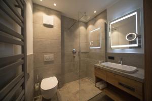 W łazience znajduje się umywalka, toaleta i lustro. w obiekcie Hotel Stubai w mieście Schönberg im Stubaital