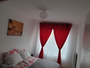 ein Schlafzimmer mit einem roten Vorhang und einem Fenster in der Unterkunft Grand F3 CONFORTABLE 5 mn de Paris et proche Disneyland in Maisons-Alfort