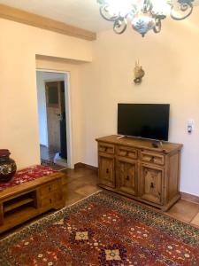 una sala de estar con TV de pantalla plana en un armario de madera en Panorama Lambach Appartament, en Mürzzuschlag