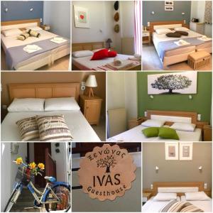 un collage de fotos de una habitación de hotel con 2 camas en IVAS Pelion, en Agios Ioannis