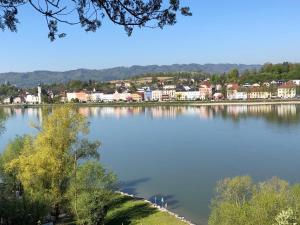 a view of a large body of water with houses at Hotel-Restaurant Faustschlössl in Feldkirchen an der Donau