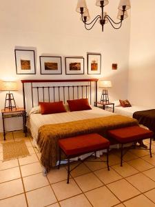 1 dormitorio con 1 cama grande con almohadas rojas en Chañarmuyo Casa de Huéspedes en 