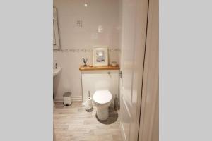 a small bathroom with a toilet and a sink at Sister's Apartment in Llanelli