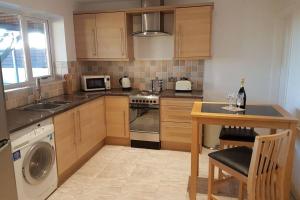 a kitchen with a stove and a sink and a dishwasher at Sister's Apartment in Llanelli