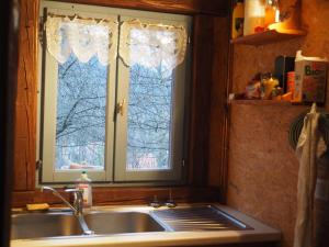 a kitchen with a sink and two windows at Les Bordes De Paloumières in Vicdessos