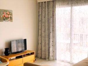 un soggiorno con TV e finestra di Lighthouse Beach apartment a Paphos