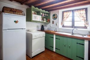 a kitchen with green cabinets and a white refrigerator at Casa da Cascata in Furnas +22 photos