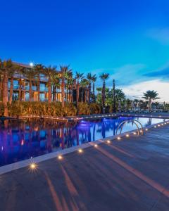 - une piscine avec des palmiers et des lumières la nuit dans l'établissement AP Lago Montargil - Conference & SPA, à Montargil