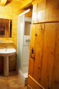uma casa de banho com um chuveiro, um lavatório e um WC. em Les Bordes De Paloumières em Vicdessos